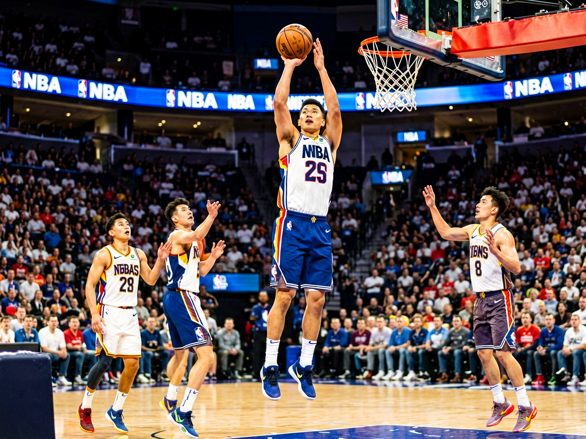 NBA篮球比赛现场，球员跃起投篮的精彩画面